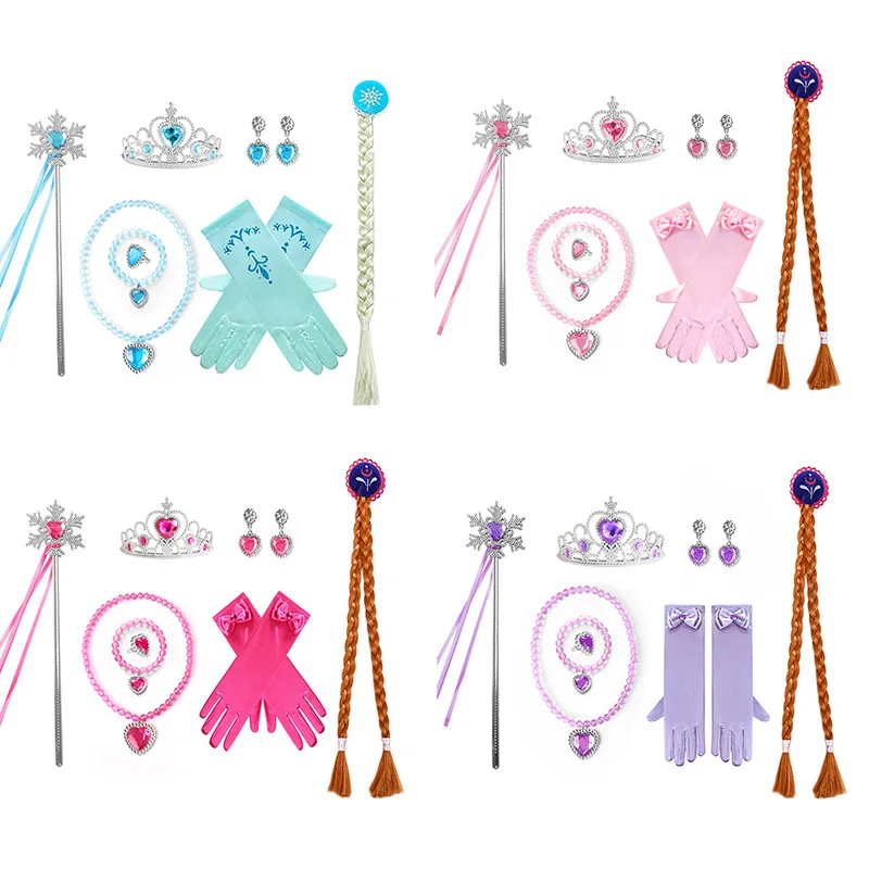 

Girl's Princess Costume Crown Magic Wand Weaving Braid Necklace Earrings Set Pink Crown Magic Wand Necklace and Earring Set Toys