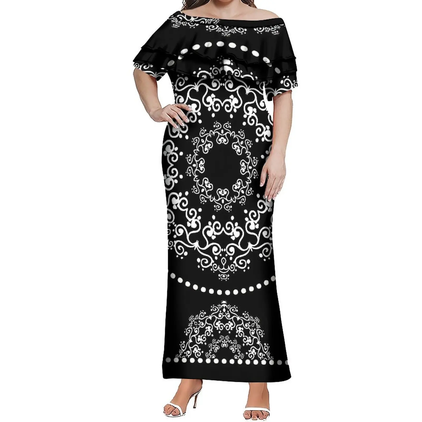 Vestido de emagrecimento de folha de lótus de camada dupla de um ombro Um vestido elegante feito sob medida com bandana retrô para mulheres