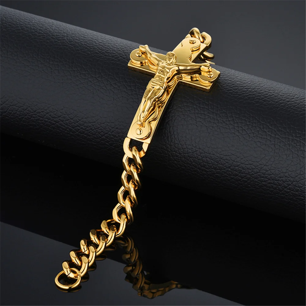 Jesus Cross Men\'s 316L Stainless Steel Bracelet Male Wholesale pulseira Mens Braclets Gold Color Wrist Bracelets For Men Jewelry