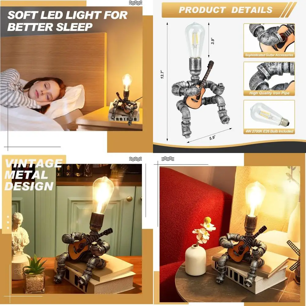 

Креативная винтажная настольная лампа в индустриальном стиле с дизайном гитары для мужской спальни, прикроватной тумбочки, бара и кафе, серебристого и черного цвета