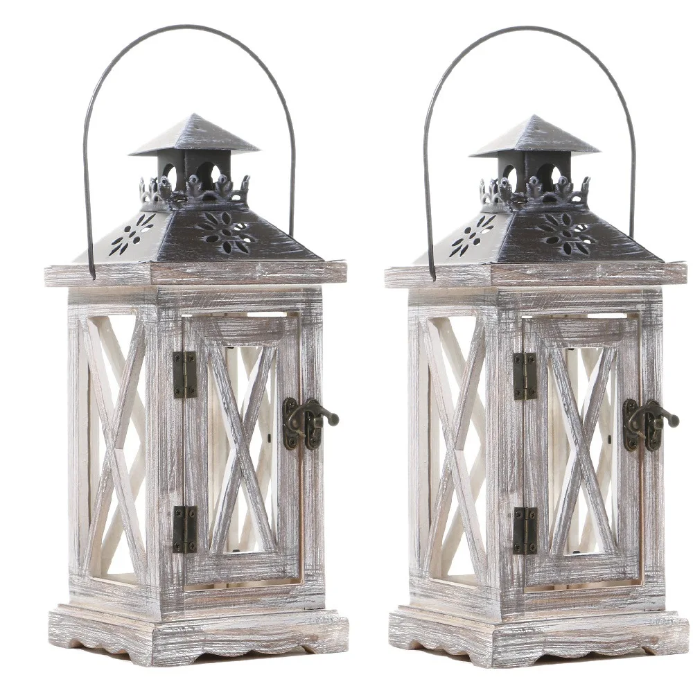 ABRN 2 Pack Decorative Lantern Candle Holder Wooden Rustic Style for Table Top Mantle Wall Hanging Decor Indoor Outdoor Use