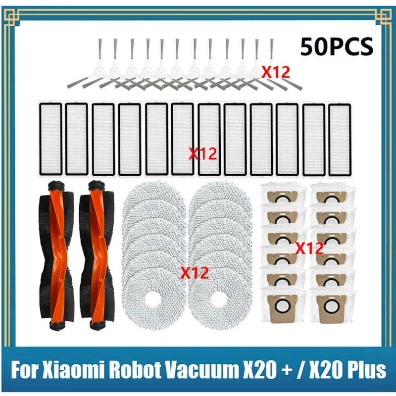 AD-50 PCS Replacement Kit For Xiaomi Robot Vacuum X20 + / X20 Plus Parts Main Side Brush Hepa Filter Mop Cloth Dust Bag