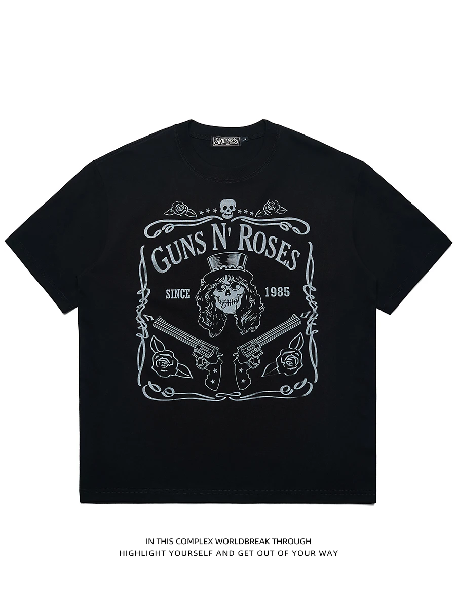 

Summer New Pure Cotton Oversized Heavyweight Printed Short Sleeve T-Shirt Unisex round Neck Rock Personality Casual Breathable