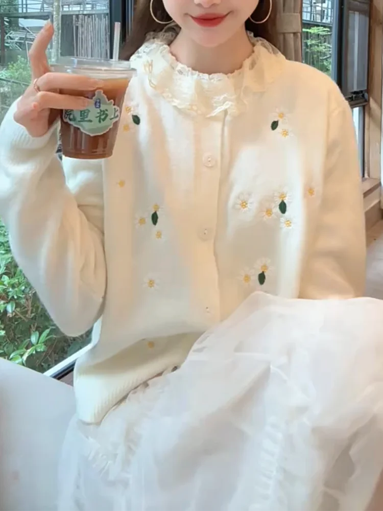 

Ele Embroidered round Ne Knitted Open Cardigan Autumn New Sle plus Size Versatile Long Sve Warmth Emitting Camer...