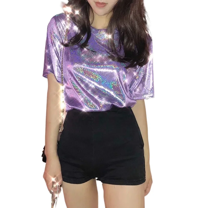Y2K Harajuku Shiny T-Shirt Women Summer Clubwear Sexy Loose Short Sleeve Top Aesthetic Streetwear Bright Party Clothes