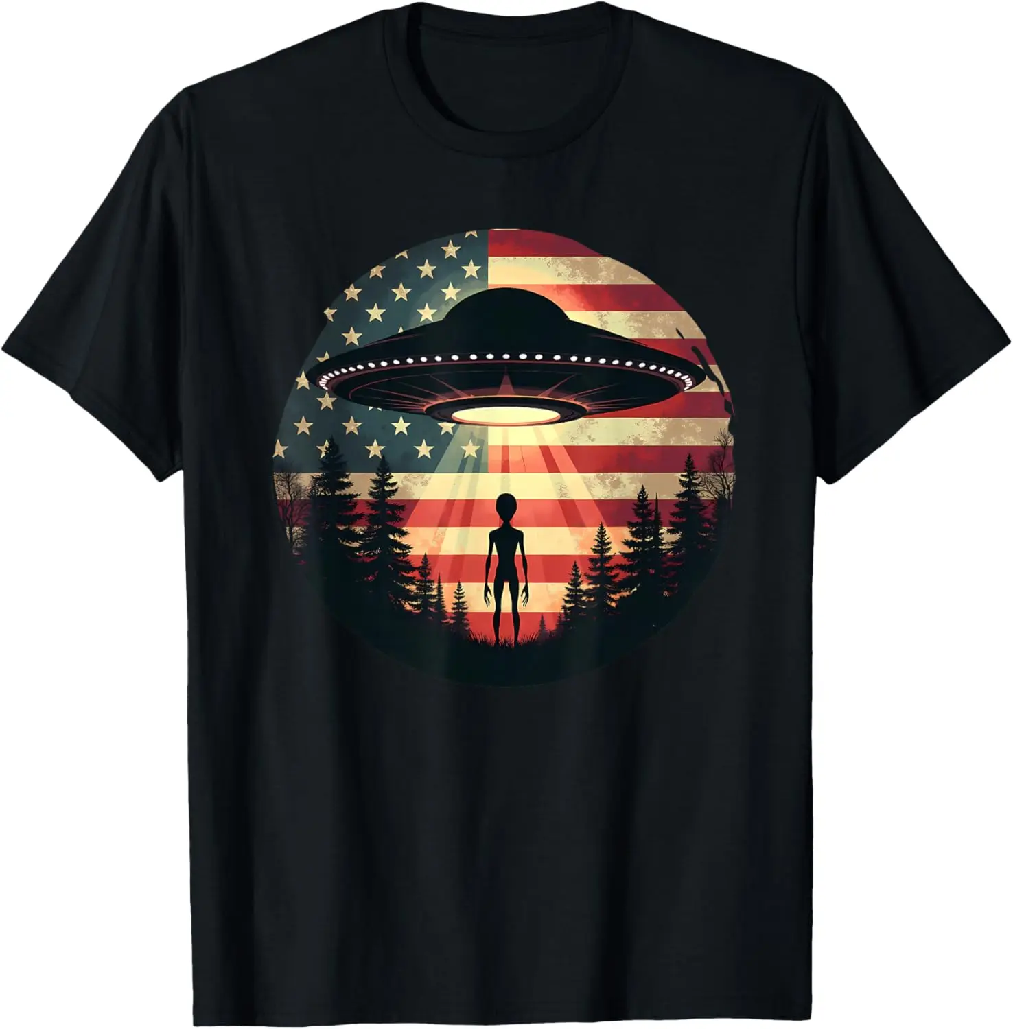 

Alien UFO Abduction American Flag Graphic Tee Patriotic Extraterrestrial Forest T-Shirt