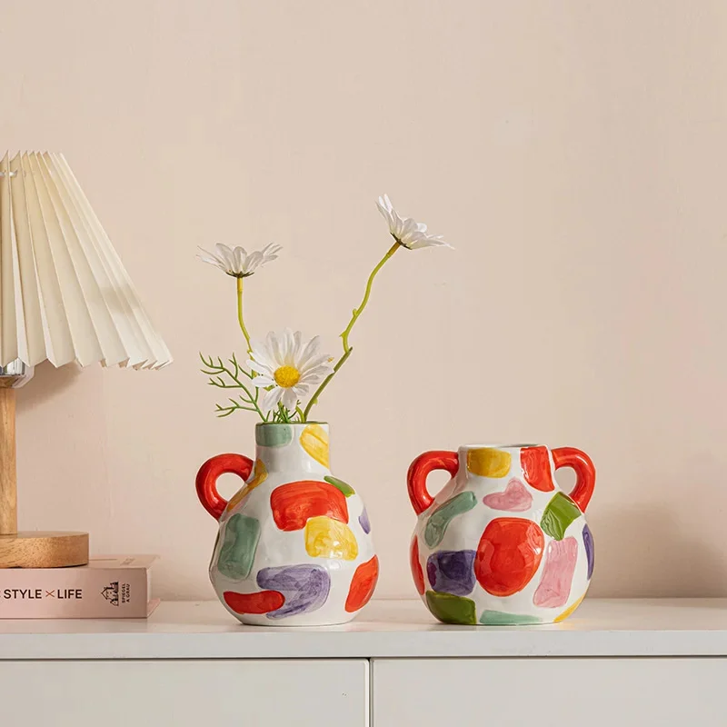 Ceramic Flower Vase Colorful Double Handle Modern Geometric Vase Flower Pot Living Room Entryway TV Cabinet Table Decor Ornament