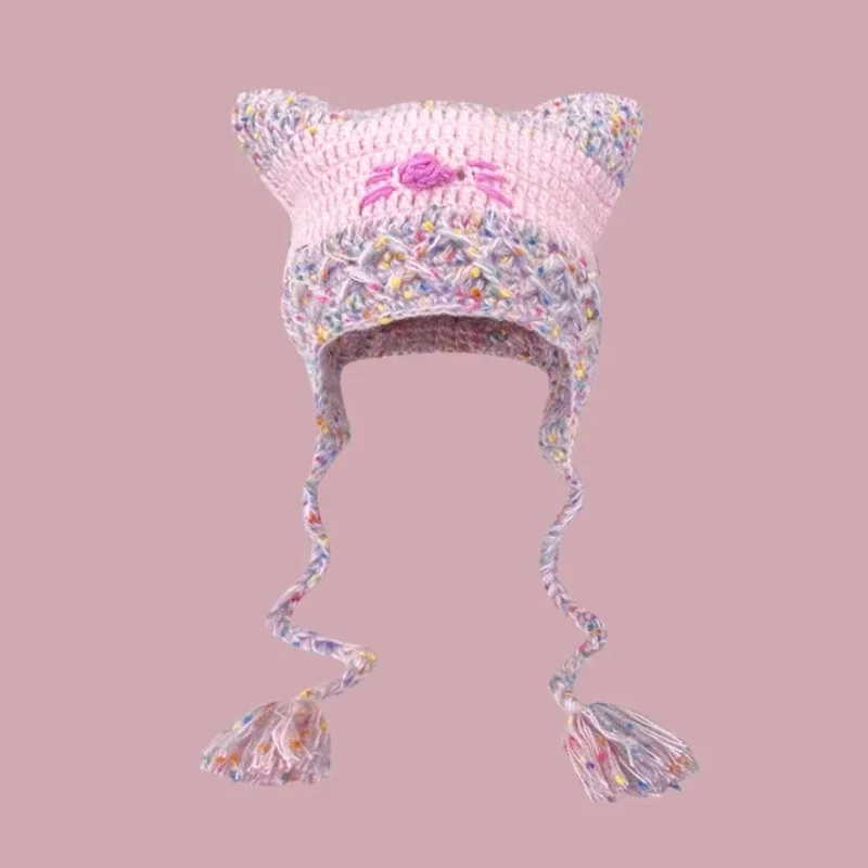 Y2K Style Cute Pink Cat Hat Winter Furry Warm Woven Beanie Hat Cute Funny Handmade Knitted Pullover Hat