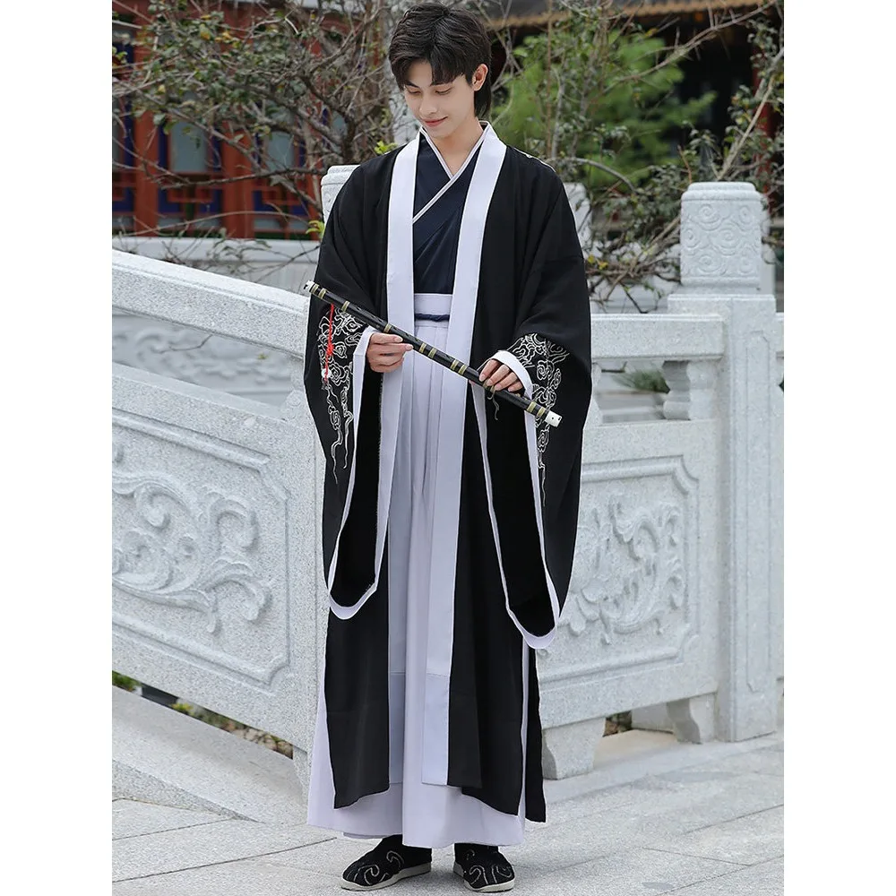 Hanfu men's scholar knight cloud pattern embroidered Chinese style big sleeve shirt full set