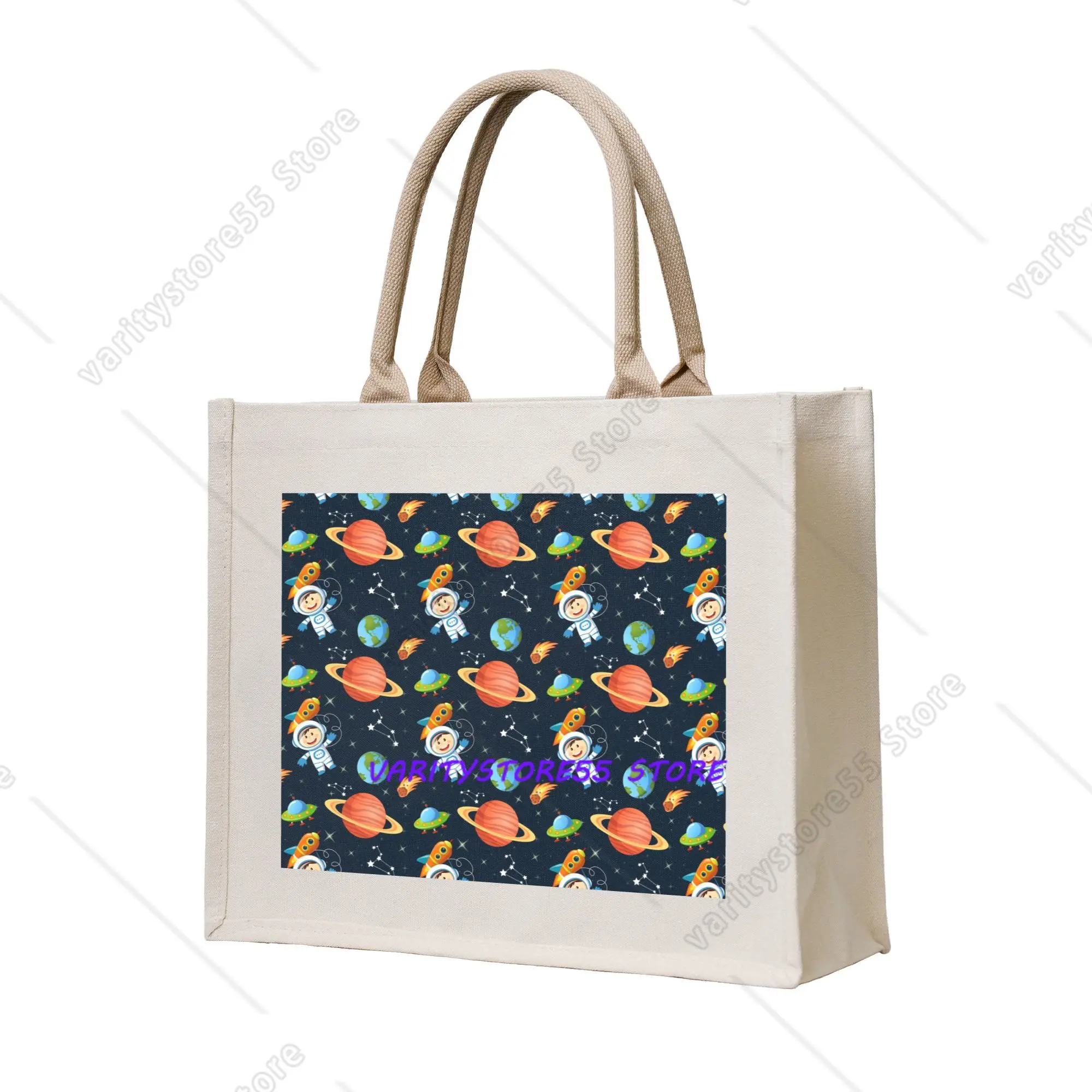 Space Universe Astronaut Groceries Shopping Bag Custom Shopper Tote Shoulder Bag Big Capacity Portable UFO Spaceship Handbag