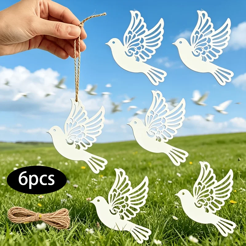 6pcs White Dove Laser Cut Hanging Decor, Hollow Bird Ornaments with Jute Rope for Wedding Party
