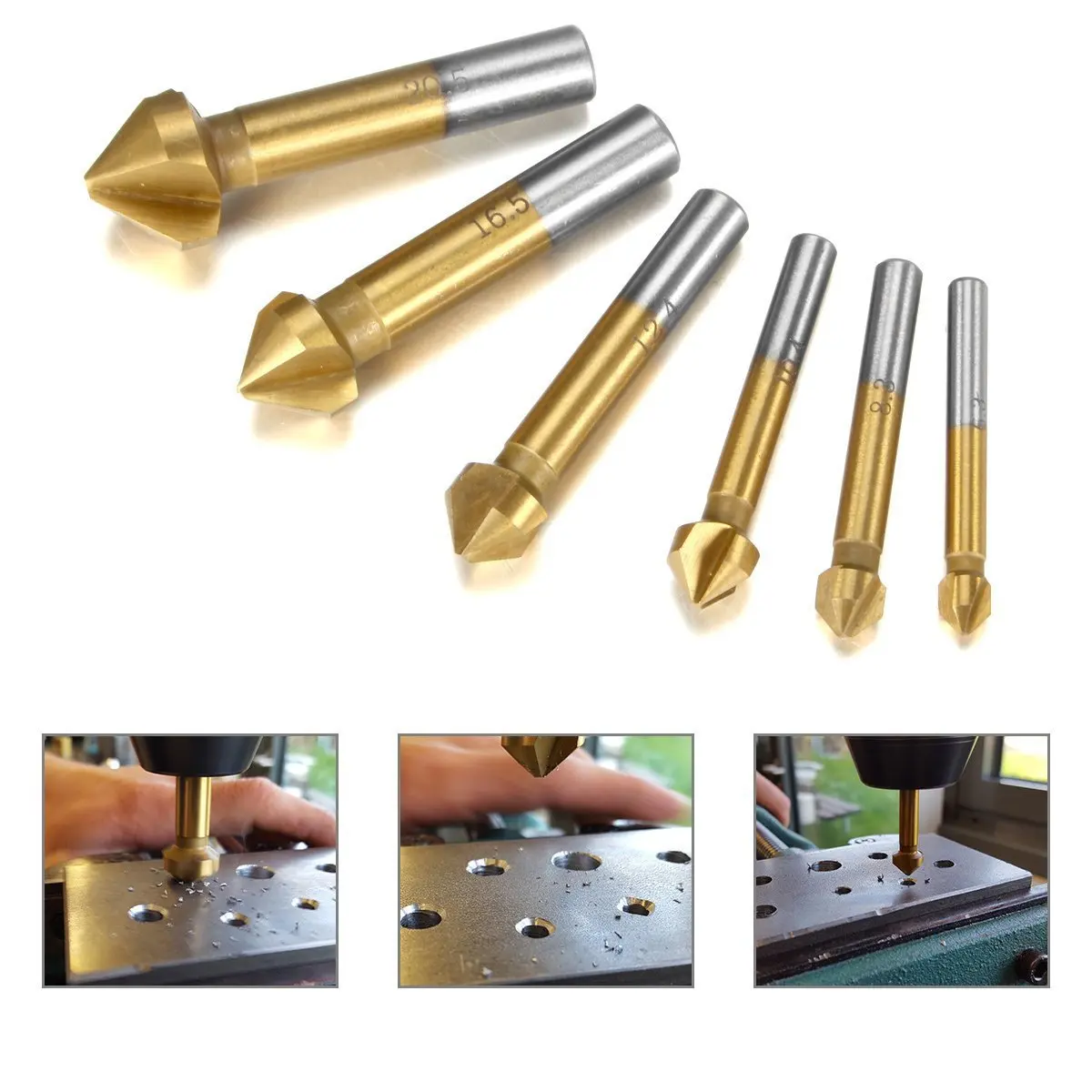 

HSS4241 6pcs Three Blade Round Shank Chamfer Countersink Set 3 Flute Chamfering Bit Set Chamfering Cutter