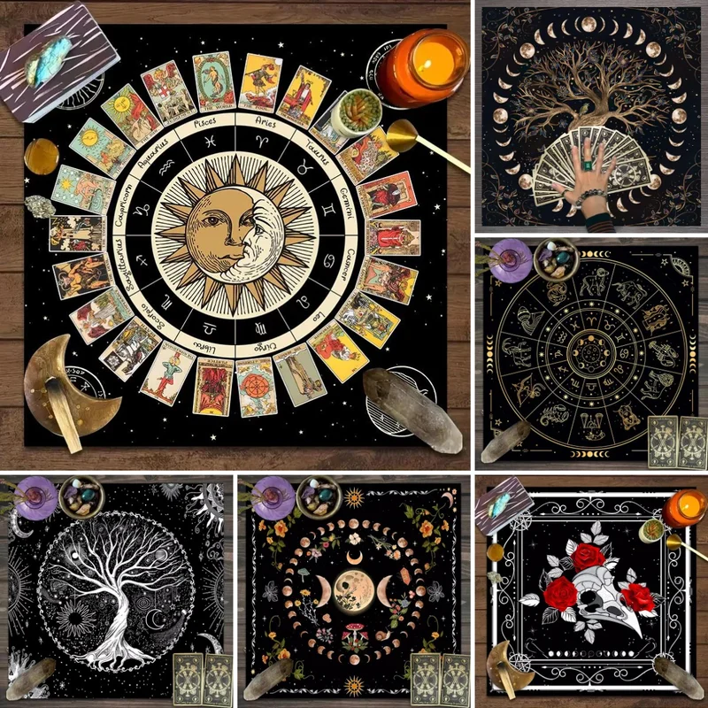 VIKAMA Tarot Tablecloth Sun Moon Zodiac Wheel Tarot Card Print Altar Cloth For Astrology Reading Divination Meditation Decor