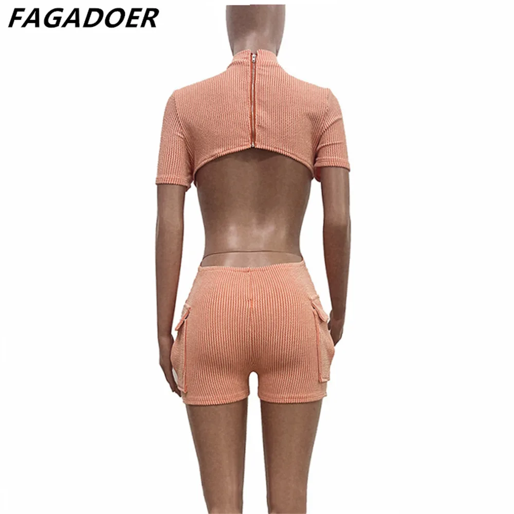 FAGADOER Summer New Solid Ribber Pocket Bodycon Rompers Women Round Neck Short Sleeve Slim Playsuits Female Backless Overalls