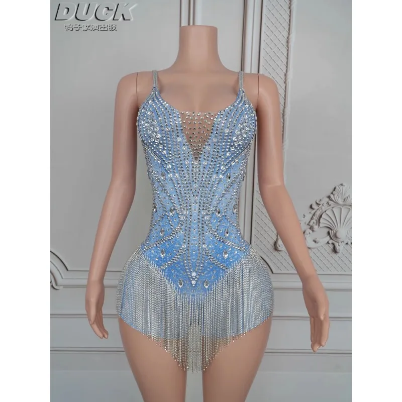 

customized jumpsuit sky blue tassel diamond dress with hanging rings ds sexy suspender one-piece runway performance leotard
