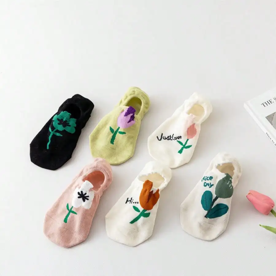 5 Pairs Women Socks Spring Summer Thin Candy Colors Cartoon Flower Boat Socks Female Cute Shallow Mouth Invisible Socks image 5