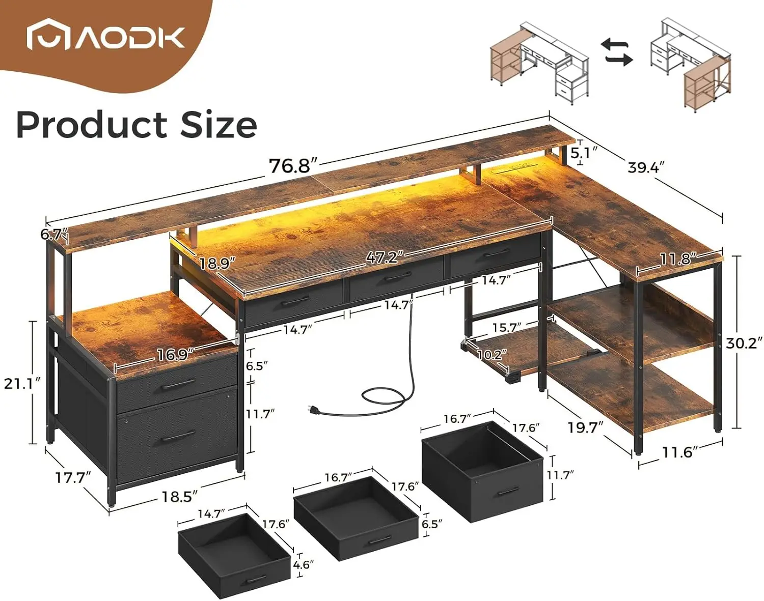 مكتب على شكل حرف L مع 5 أدراج، مكتب كمبيوتر قابل للعكس مقاس 75 بوصة، مخرج طاقة، شريط LED، رف شاشة، أرفف تخزين، مكتب ألعاب