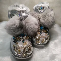 Oversized Fox Hairball Studded Jeweled stone Crystal Snow Boots Fur One Banquet party lace-up women's cotton shoes 35-40