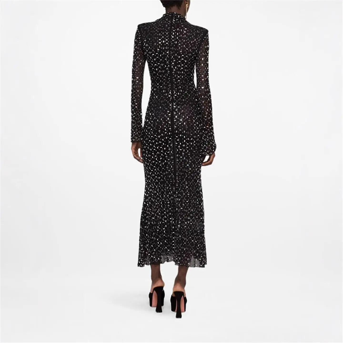 Ele Bla Me Dr avec strass Heat-Sed Long Sves Taille haute Conception amincissante Faionable Ci Walk Robe