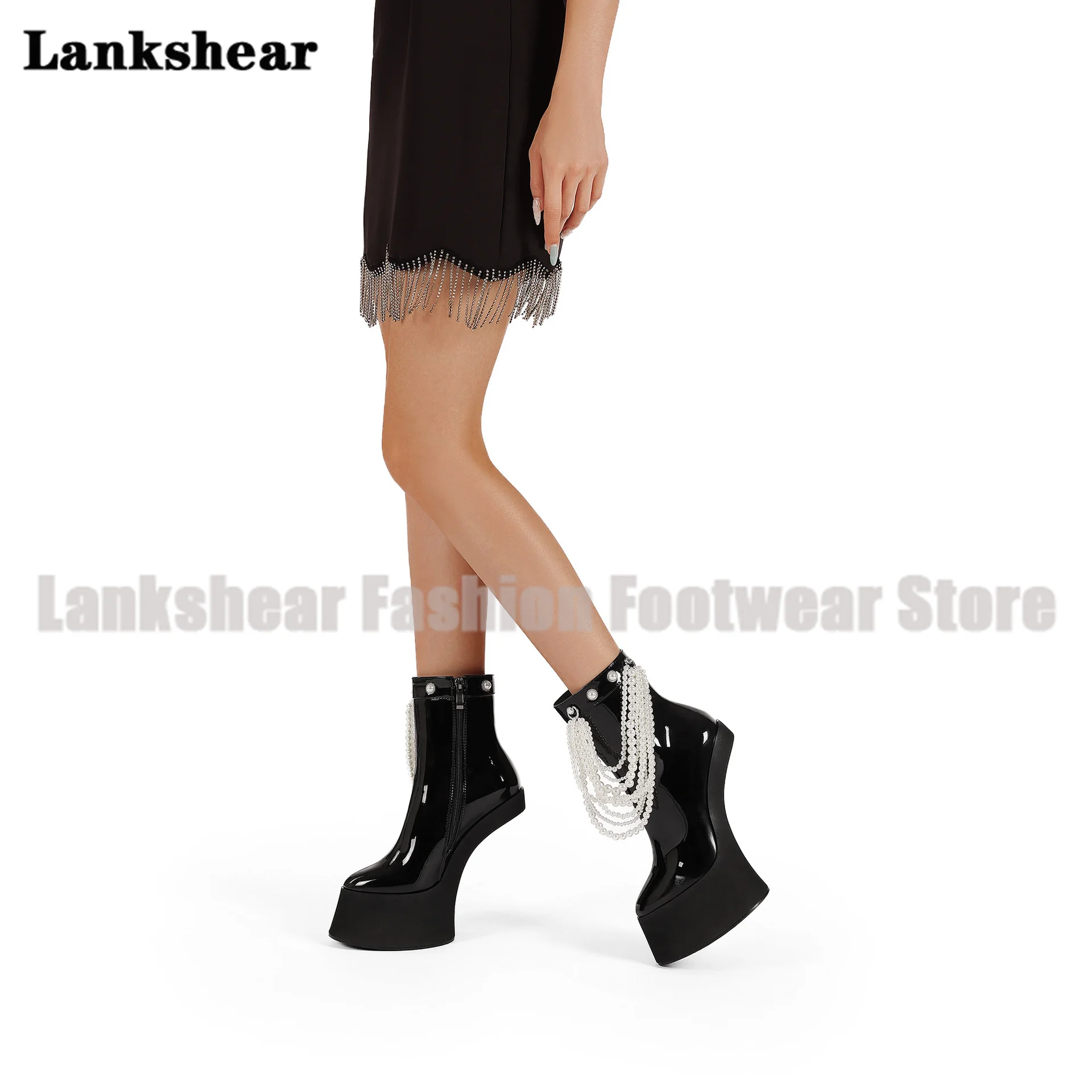 Platform Strange Heel Ankle Boots Pearls Chain Backless Thick Soled Boots Designer Women's High Increase Shoes Botas Mujer