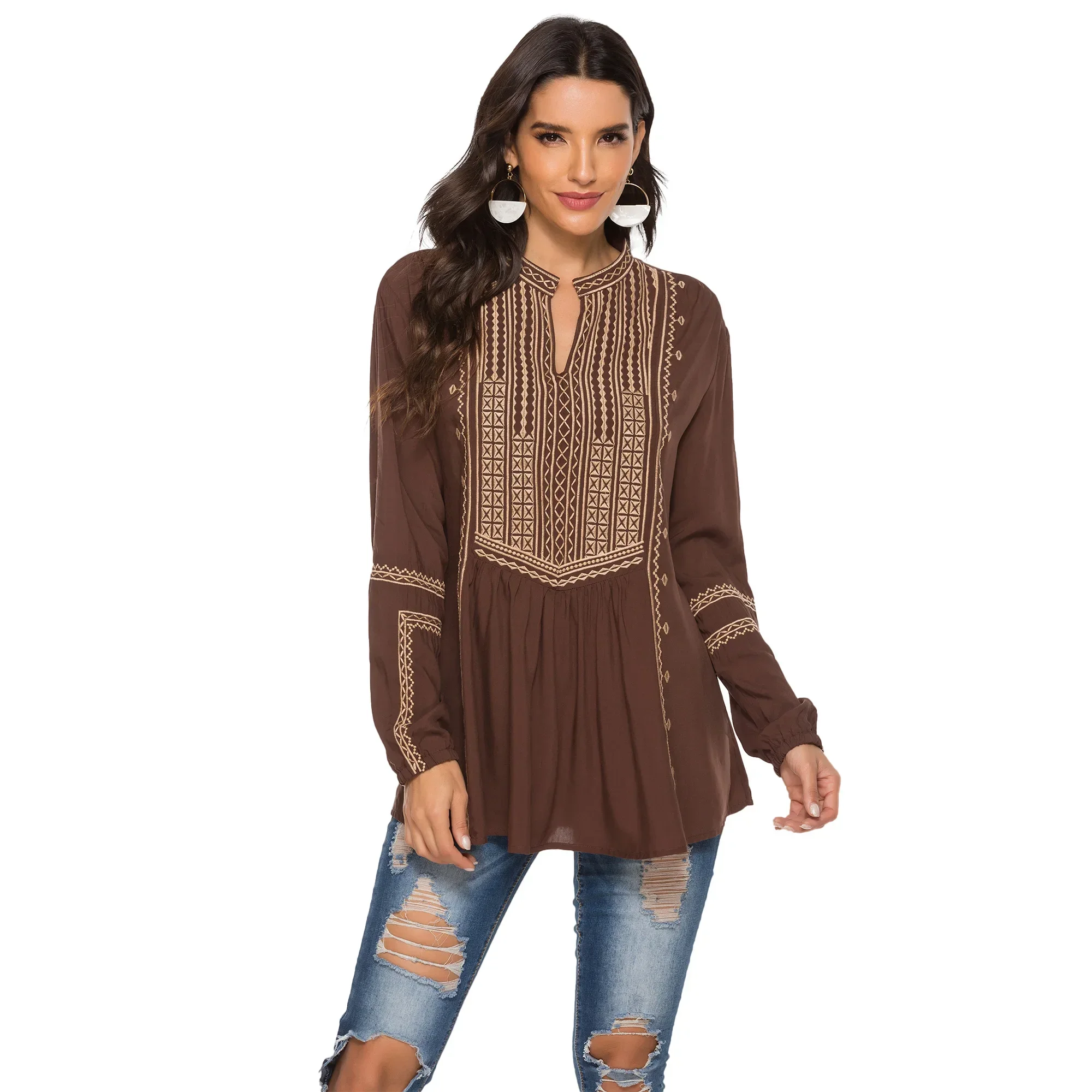 Eaeovni Women\'s Brownv Neck Boho Embroidered Tops Long Sleeve Shirts Casual Loose Tunics Blouse