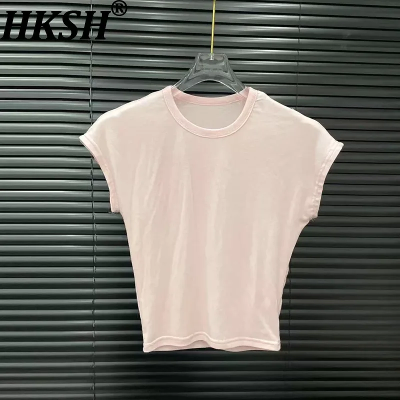 

HKSH Summer New Women's High Street Trendy O-neck Solid Color Asymmetric T-Shirt Casual Simple Style Chic Short Crop Tops HK7655