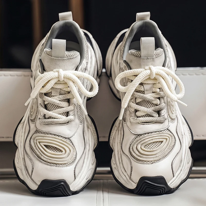 Men's Chunky Sneakers Vintage Washed Thick Sole Mesh Casual Sport Walking Shoes For Autumn