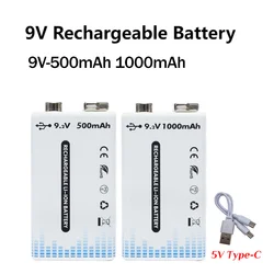 9V Rechargeable Battery 1000mAh Type-c USB 9 Volt Li-ion 6F22 Lithium Battery for RC Helicopter Model Microphone Toy