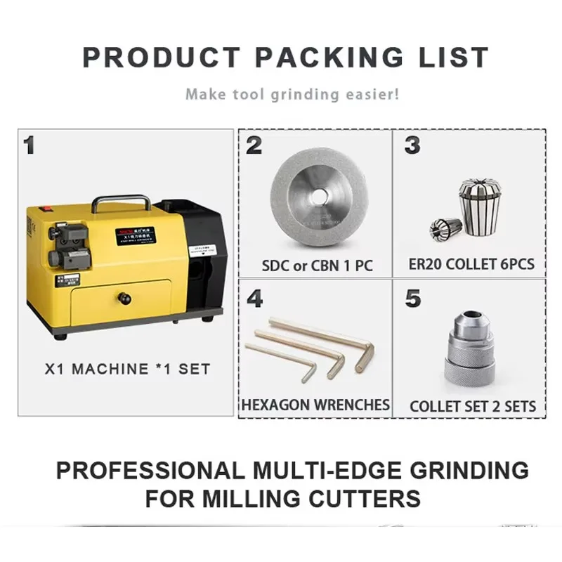 End Mill Sharpener Grinder 4-20mm for 2/3/4 Flute End Mills with Motor High Precision 160W MR-X1A