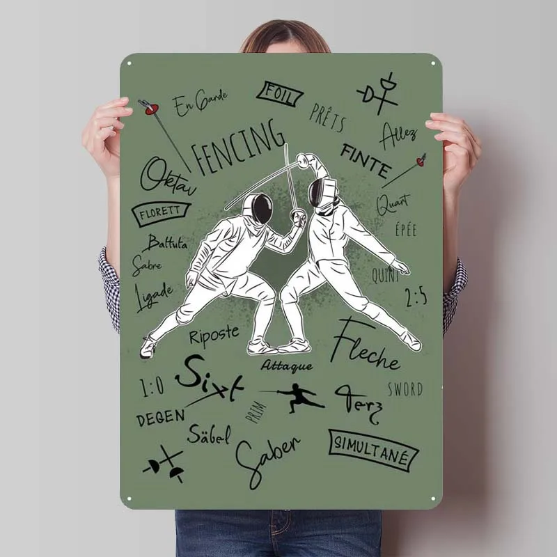 

Fencing Terms Retro Tinplate Sign Sports Poster Decoration for Home Decor Metal Sign Plaque for Wall Art Decoration Club America