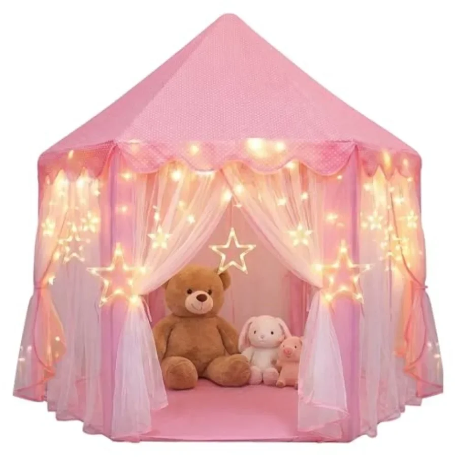 

Indoor outdoor kids play tent for girls, polyester pink castle with LED star lights, durable and lightweight for ages 27, 55 x