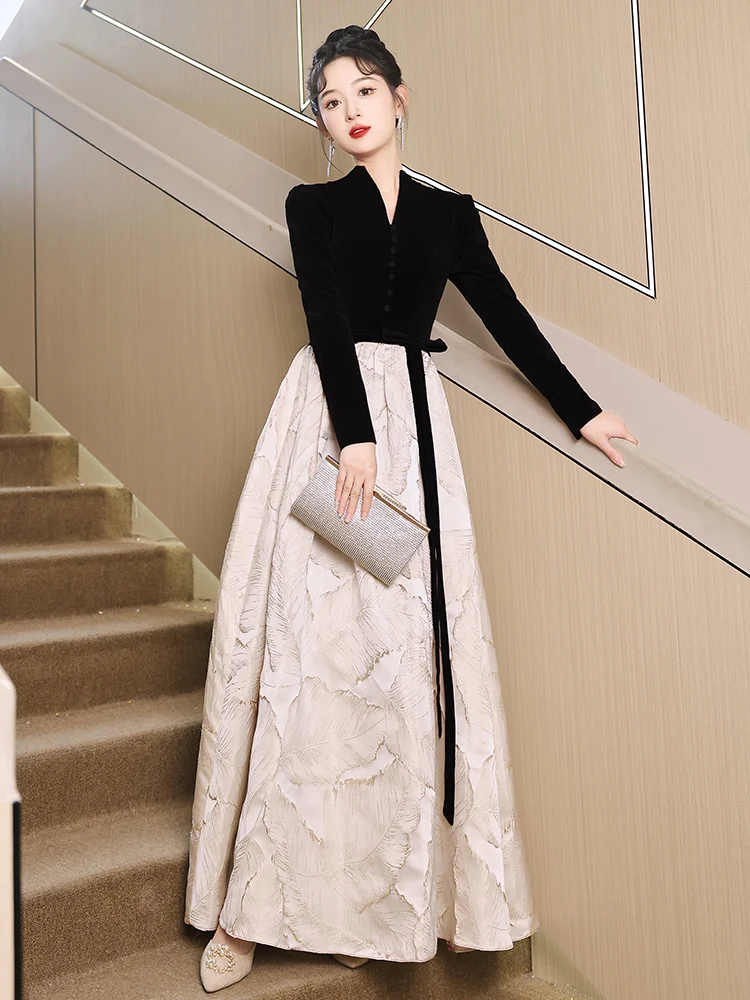 

Ele Bla Evening Gown Women's New 2026 Autumn Winter High Waist A-Line Skirt Long Sve Host plus Size Par Dr