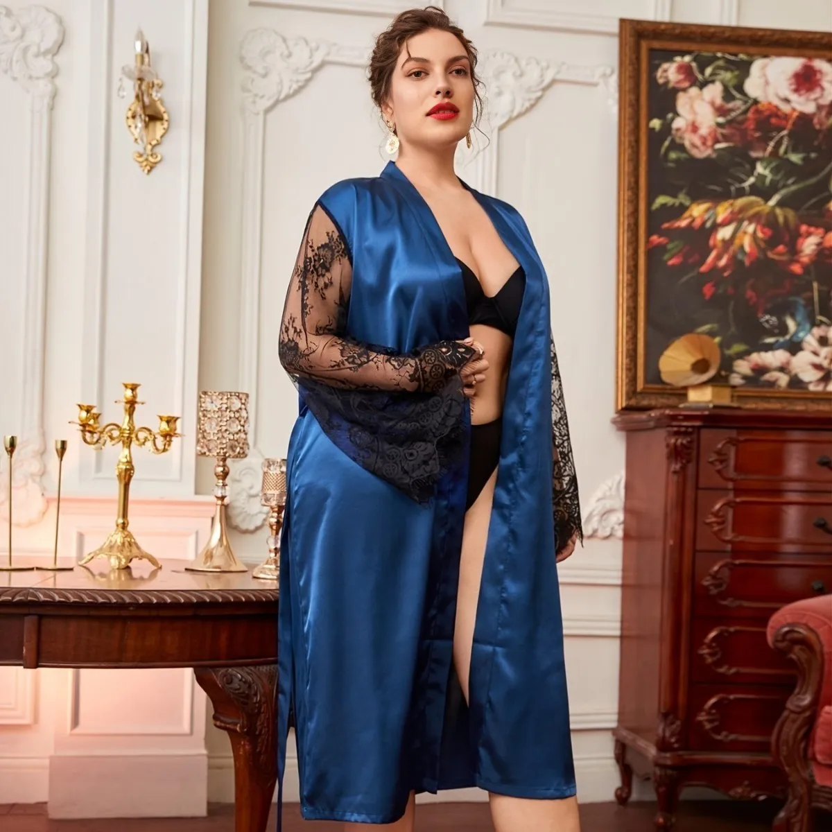 네이비 블루 가운 여성 플러스 사이즈 3Xl 4Xl 5Xl 잠옷 섹시한 메쉬 슬리브 기모노 Nightdress 느슨한 잠옷 여성 Loungewear