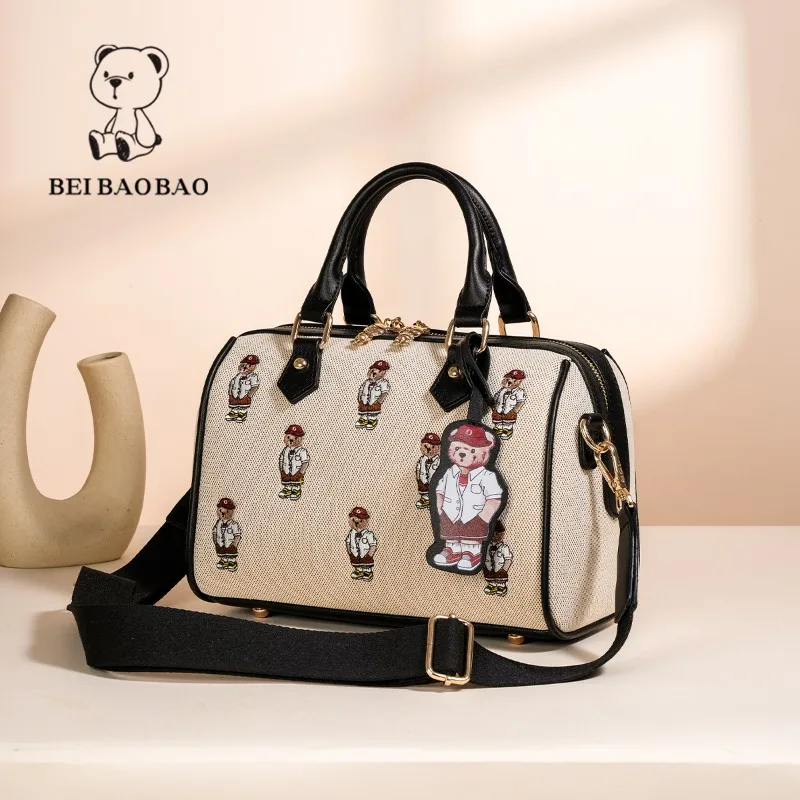 

Canvas Handbag Jacquard Embroidery Cartoon Bear Boston Ladies Pillow Bag Practical Large Capacity Shoulder Bag Crossbody Bag