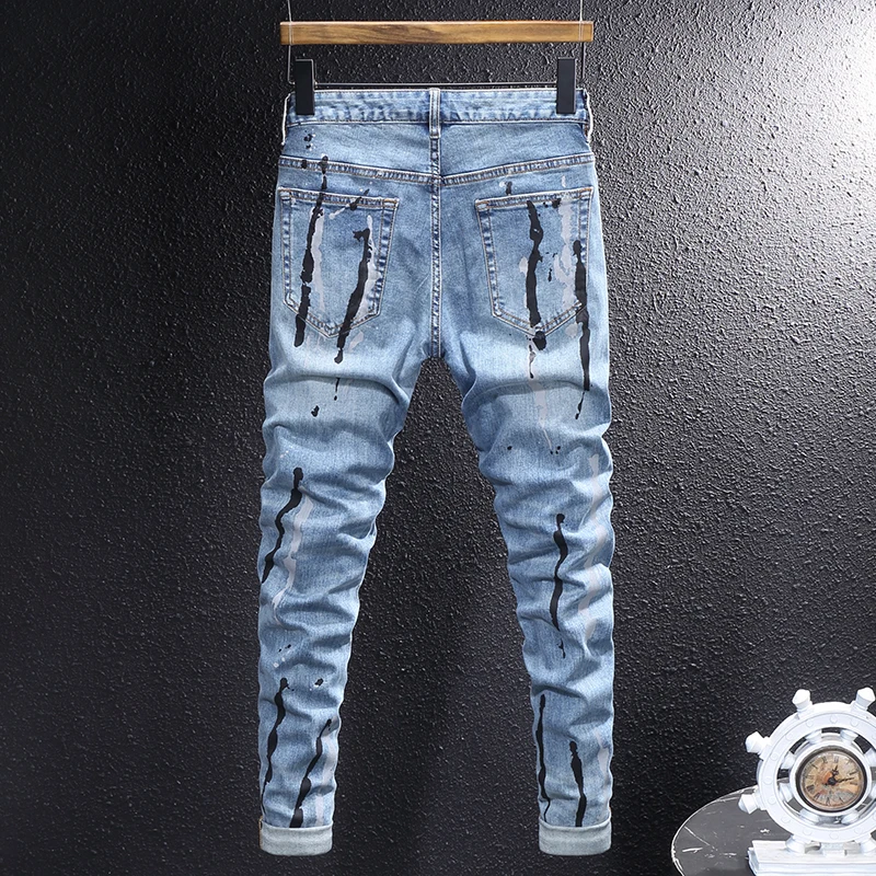 Street Fashion Men Jeans Retro Blue Stretch Slim Fit Ripped Jeans Men Painted Designer Y2K Hip Hop Vintage Denim Pants Hombre