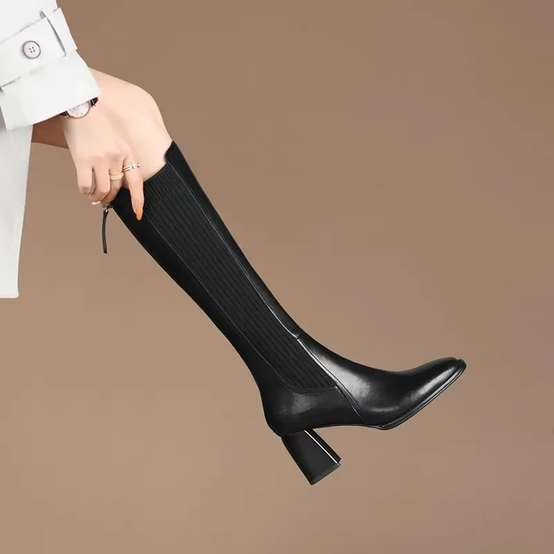 Women Boots Black Fashion High Heels 40-43 Large Pointed Knee Over Women\'s Boots Platform Shoes Zapatos De Mujer