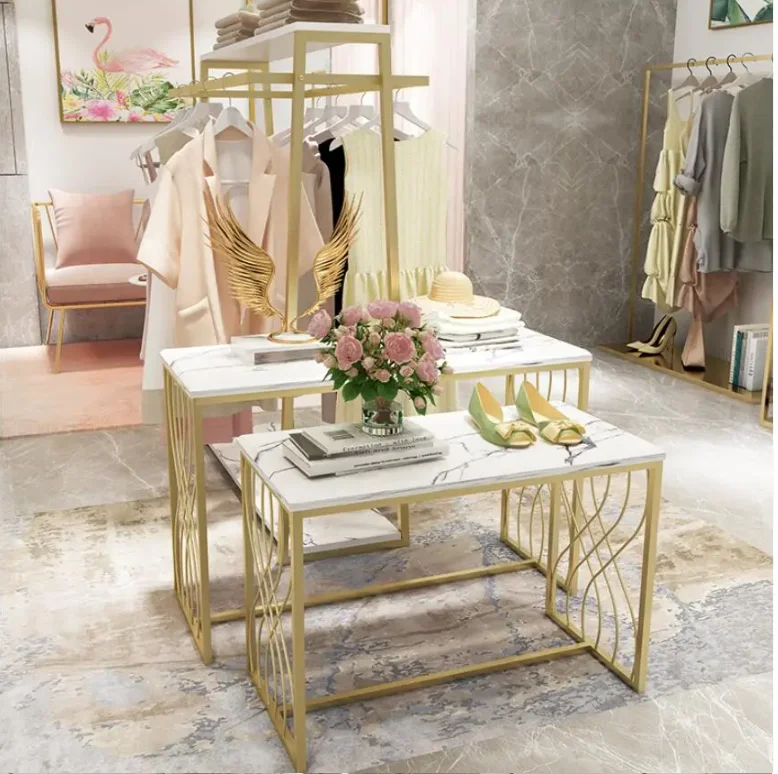 Double Row Golden Water Island Stand for Clothing Store Countertop Display Center Stage Retail Shop Presentation Holder