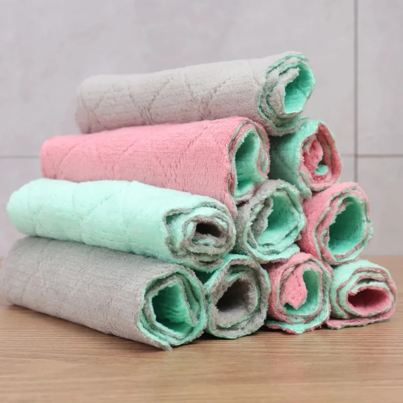 Coral Fleece Dishcloths Double-sided  Microfiber Towels Super Absorbent Cleaning Cloths Household Non-stick Oil Scouring Rags