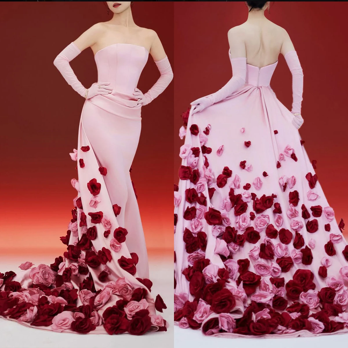 

Elegant Bespoke Wedding Dresses Sheath Trumpet Strapless 3D Flower Zipper Fairy Noble Evening Party Gowns Court Train Customized