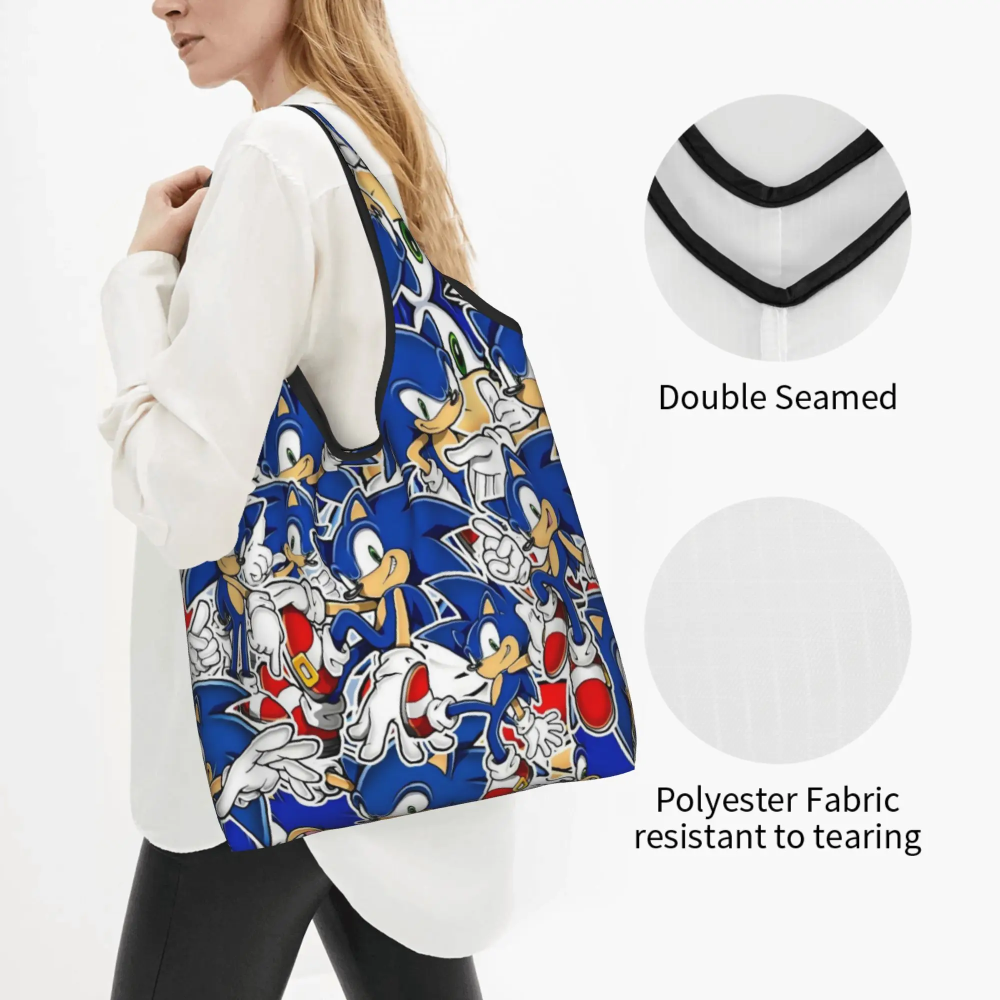 Cartoon Hedgehogg Shadow  Grocery Shopping Tote Bag Women Kawaii Japanese Game  Shoulder Shopper Bag Big Capacity Handbag