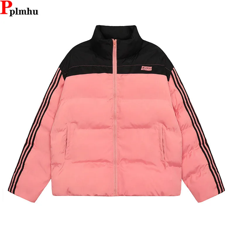 Korea Pink Side Stripe Down Cotton Coats Tops Spliced Winter Warm Snow Wear Casaco Loose Chaqueta  Casual Fashion Women Jaqueta