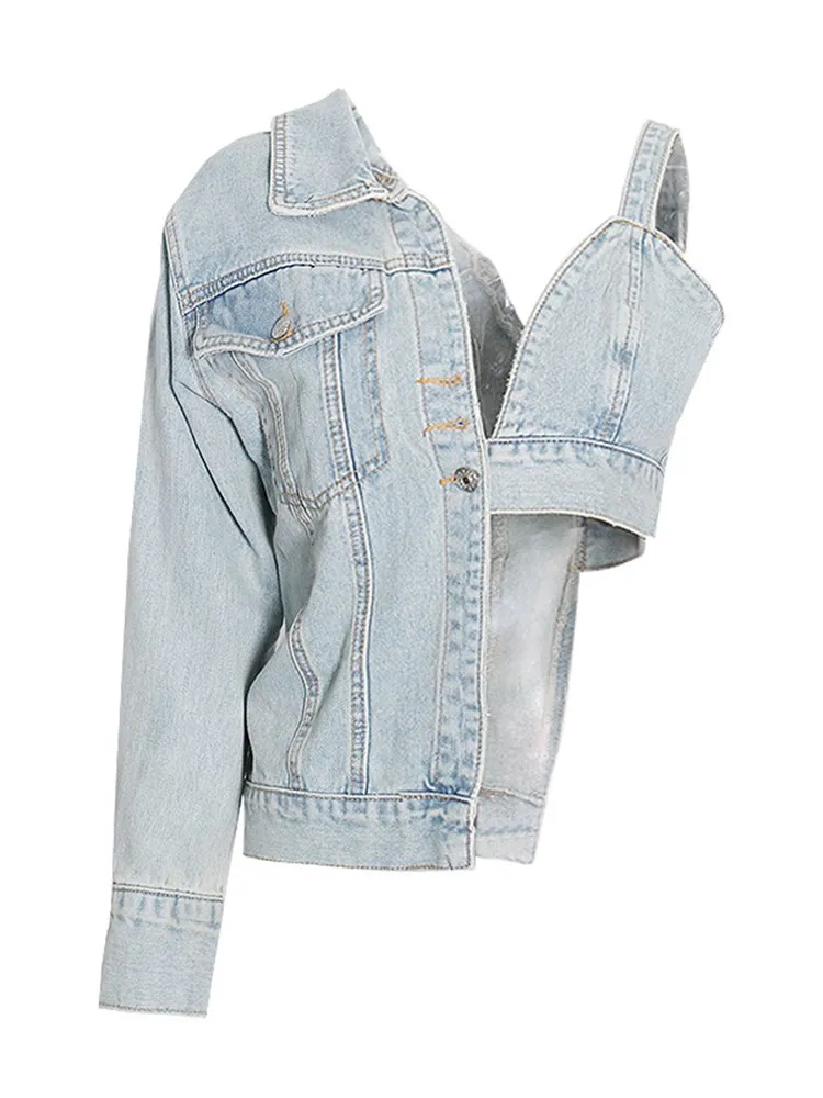 Twotwinstyle Effen Asymmetrische Denim Jas Voor Dames Revers Één Schoudermouw Patchwork Knoop Chique Jassen Dames Mode Nieuw