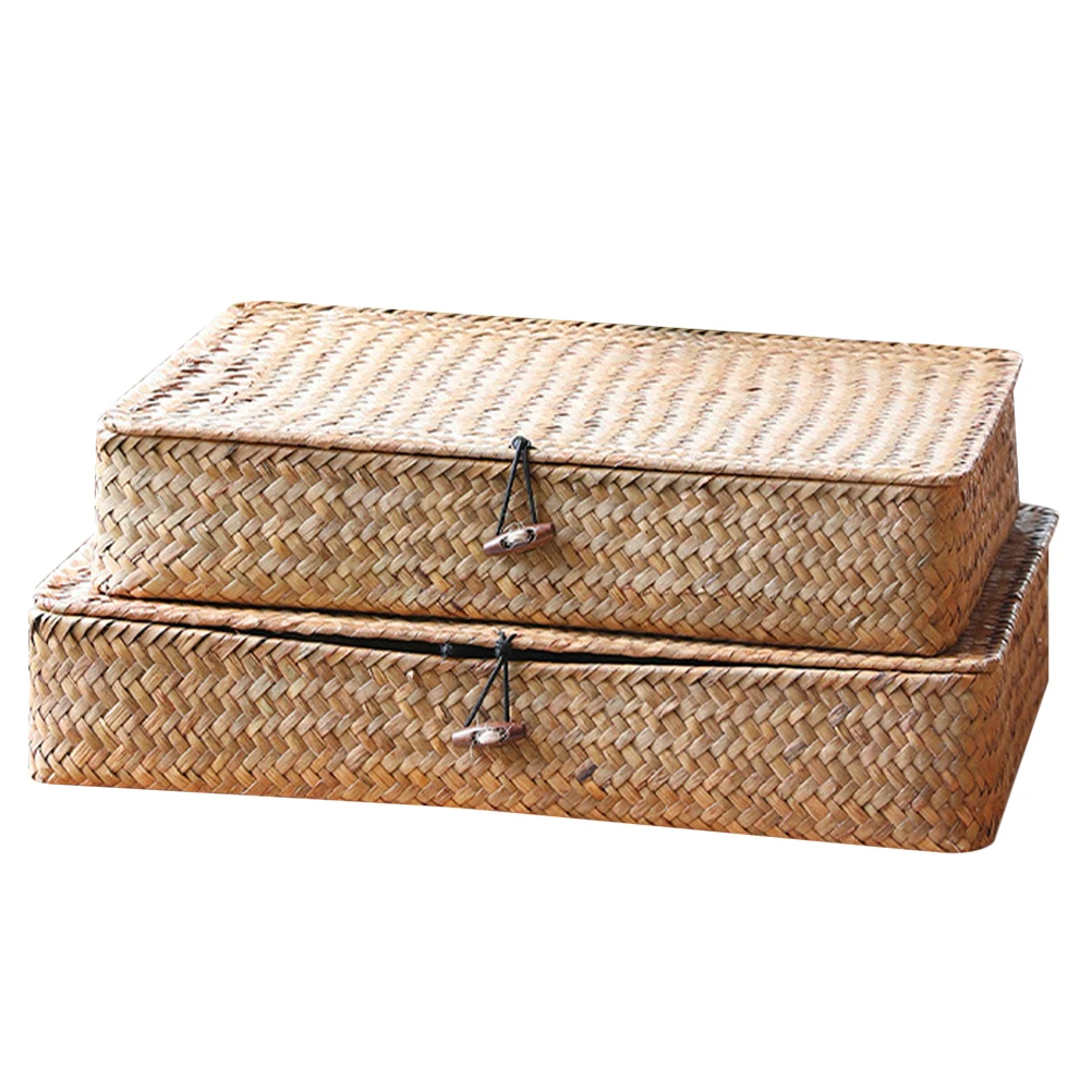 

2pcs Straw For Bathroom ganizing Baskets Baskets For Storage for Shelves Decorative Boxes Lid Home ganizer Bins Gifts