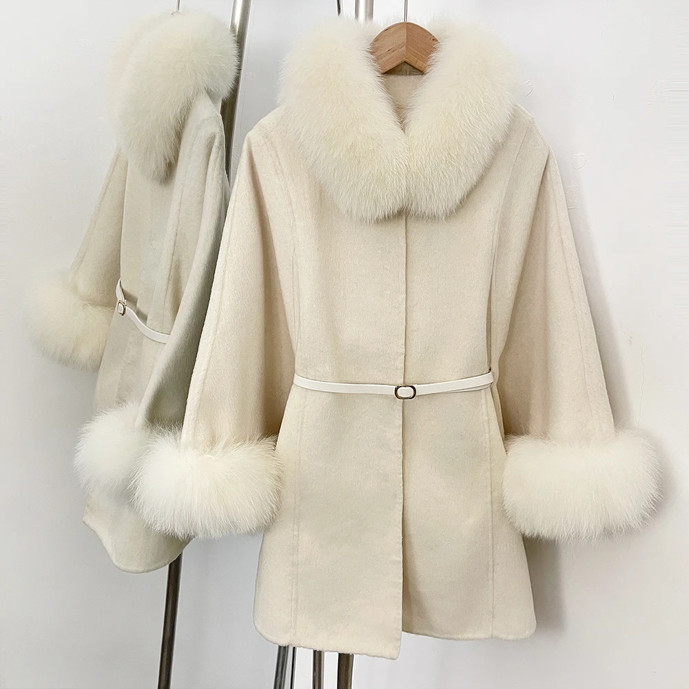 Elegant Woolen Coat Real Fur Jacket Women's Woolen Coat Fur Detachable Fox Fur Collar Coat Cloak Female Wool Blend Autumn Winter