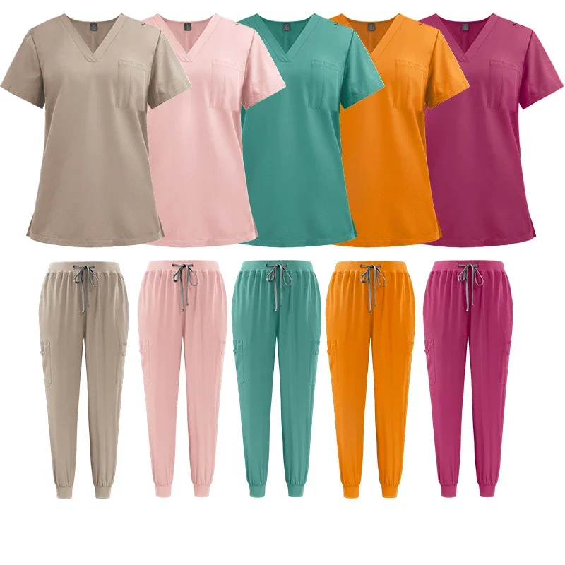 

New Multicolour Jogger Suits Doctor Nursing Uniforms Short Sleeve Tops Pocket Pants Nurse Scrubs Set Medical Clinical Clothes