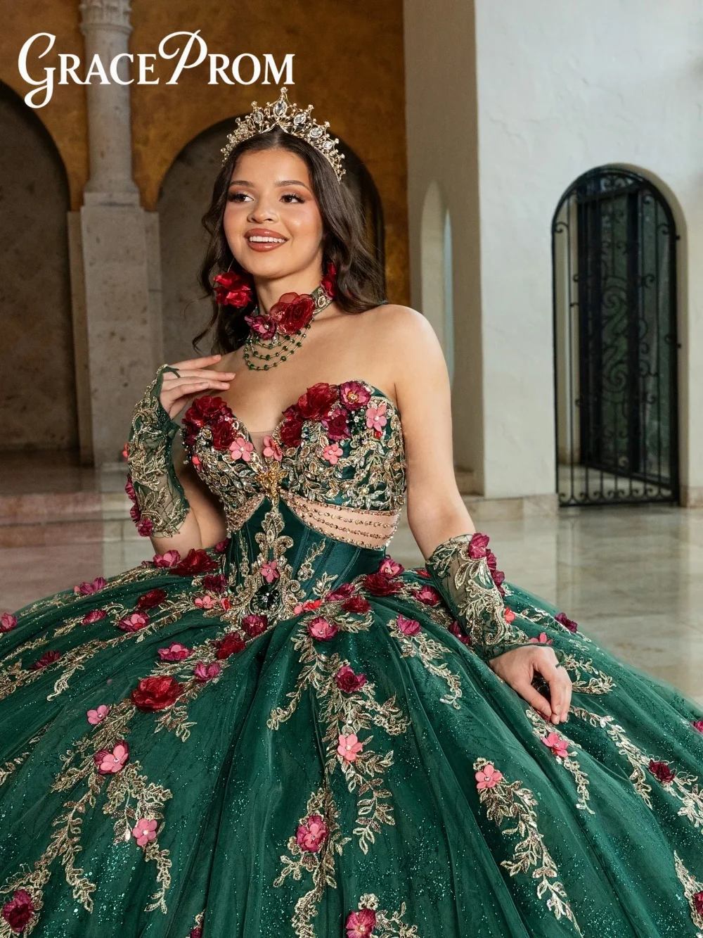 Vintage Emerald Green Quinceanera Dress With Burgundy Floral Appliques Sweetheart Neckline Tulle Gown For Sweet 16 Celebration 3