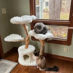 Hot Pet Furniture Modern Kitten House Wooden Cat Tree Tower Luxury Kitten Flower Condo Cozy Plush Wood Floral Cat Tree