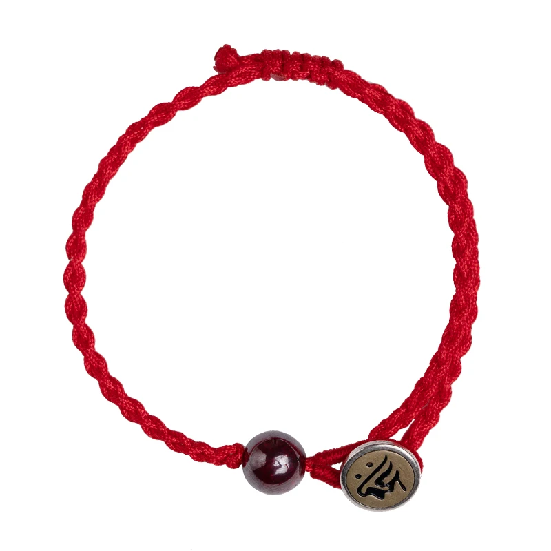 Original sterling silver Chinese Zodiac elemental Buddha vermilion red rope bracelet Female male Rabbit Year hand woven rope orn