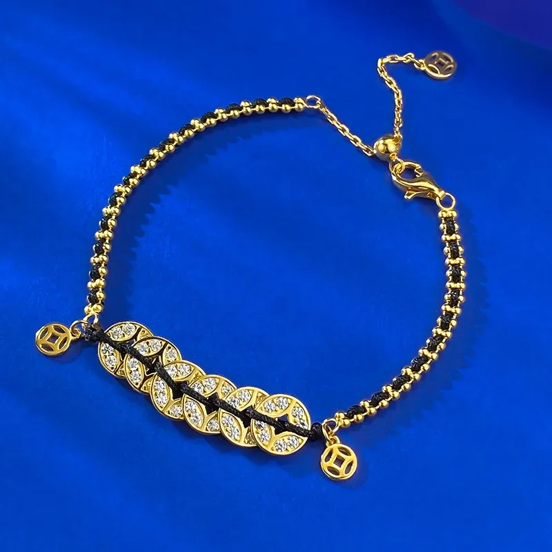 

New S925 Silver Five Emperors Coin Black Rope Bracelet New Chinese Style National Trend Money Bracelet.