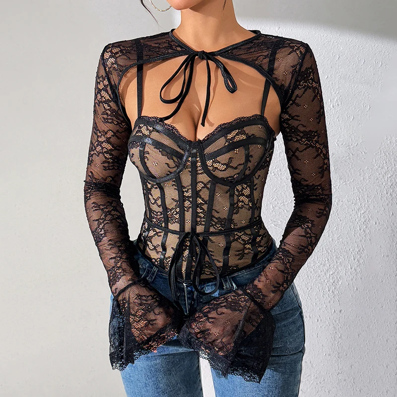 

Кружевная сексуальная сетчатая прозрачная накидка с открытой спиной и длинными рукавами, новый комплект из двух предметов - топ на бретельках для горячих девушек